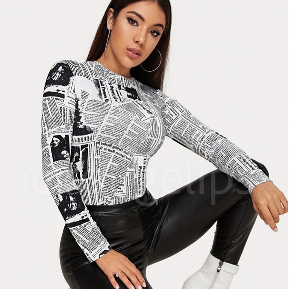 Newspaper Print Black White Long Sleeve Top Tee Stretchy - Picture 1 of 8